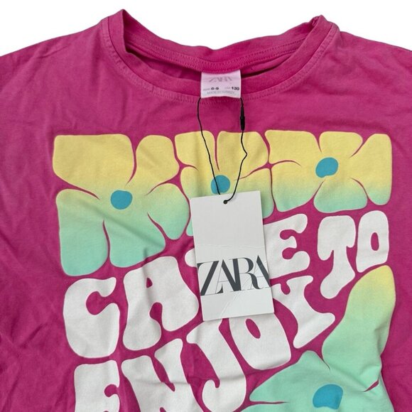 Zara Girls "Care to Enjoy" Graphic Crop Tee - Size 8 - Picture 2 of 3